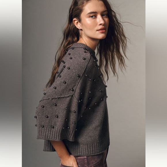 Anthropologie Goldie 3/4 Sleeve Studded Sweater, Size XL, Gray - Picture 2 of 9